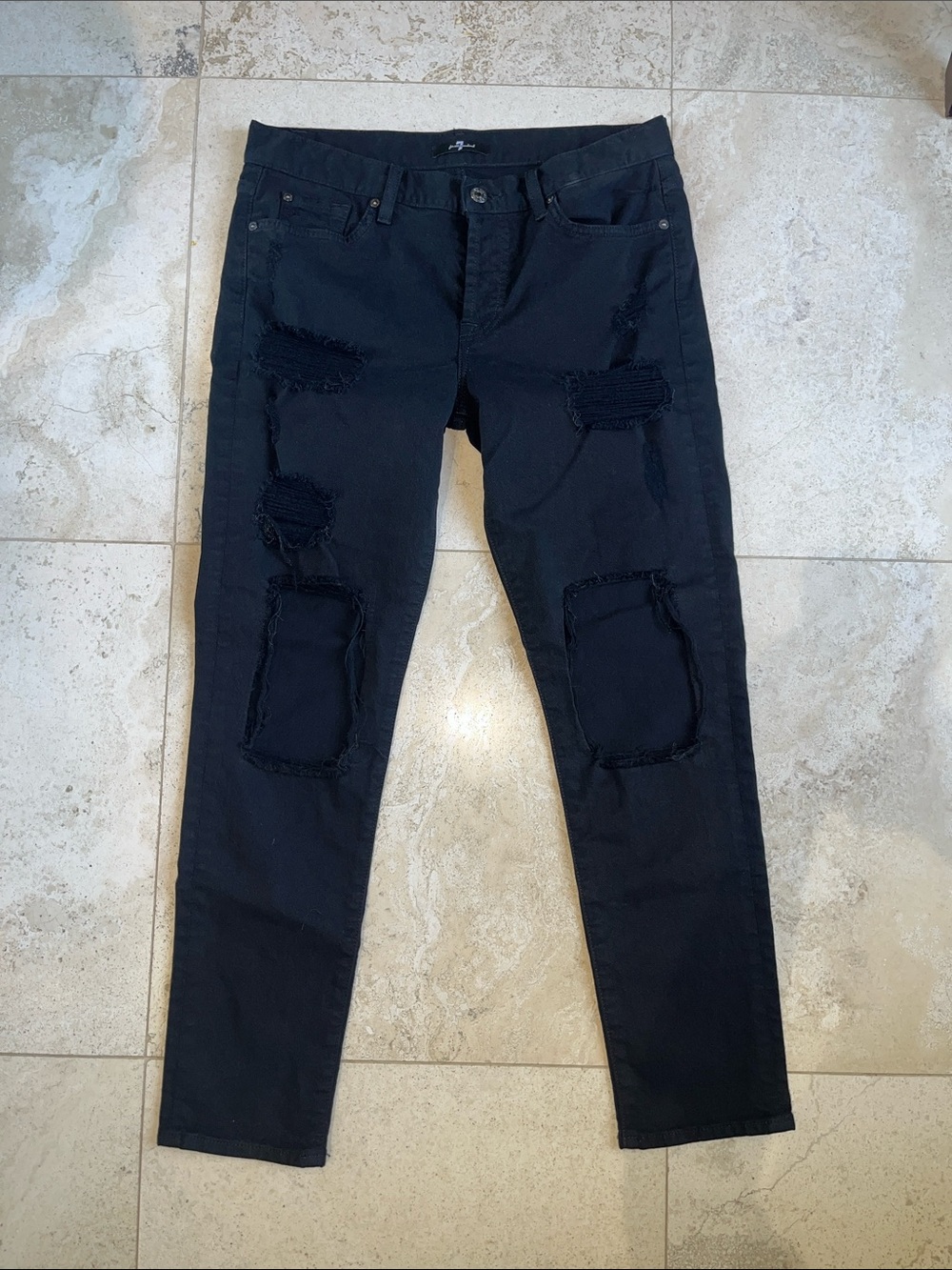 7 For All Mankind Women’s Black Super Distressed Low Rise Skinny Jeans Sz 27